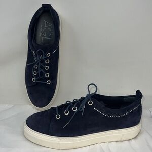 AGL Sz 11.5US 41.5 Navy Blue Suede w Crystals Platform Tennis Shoes Trainers